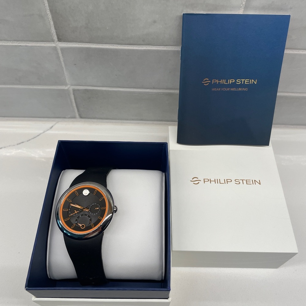 Philip Stein Timepiece with Black Strap and Orange Highlights